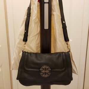 Tory Burch fold over black leather crossbody bag